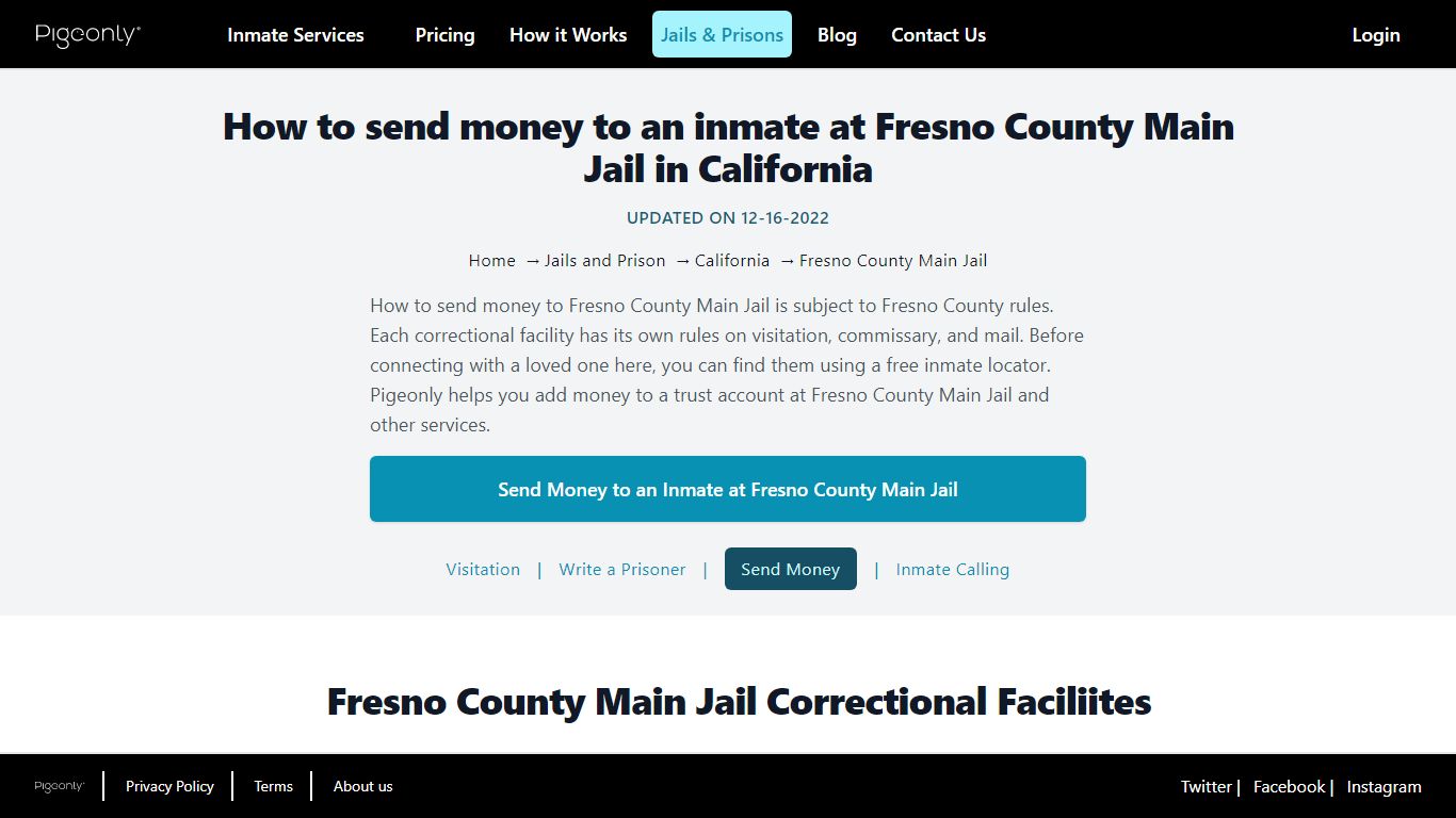 Send Money to Inmate Fresno County Main Jail, California | Pigeonly